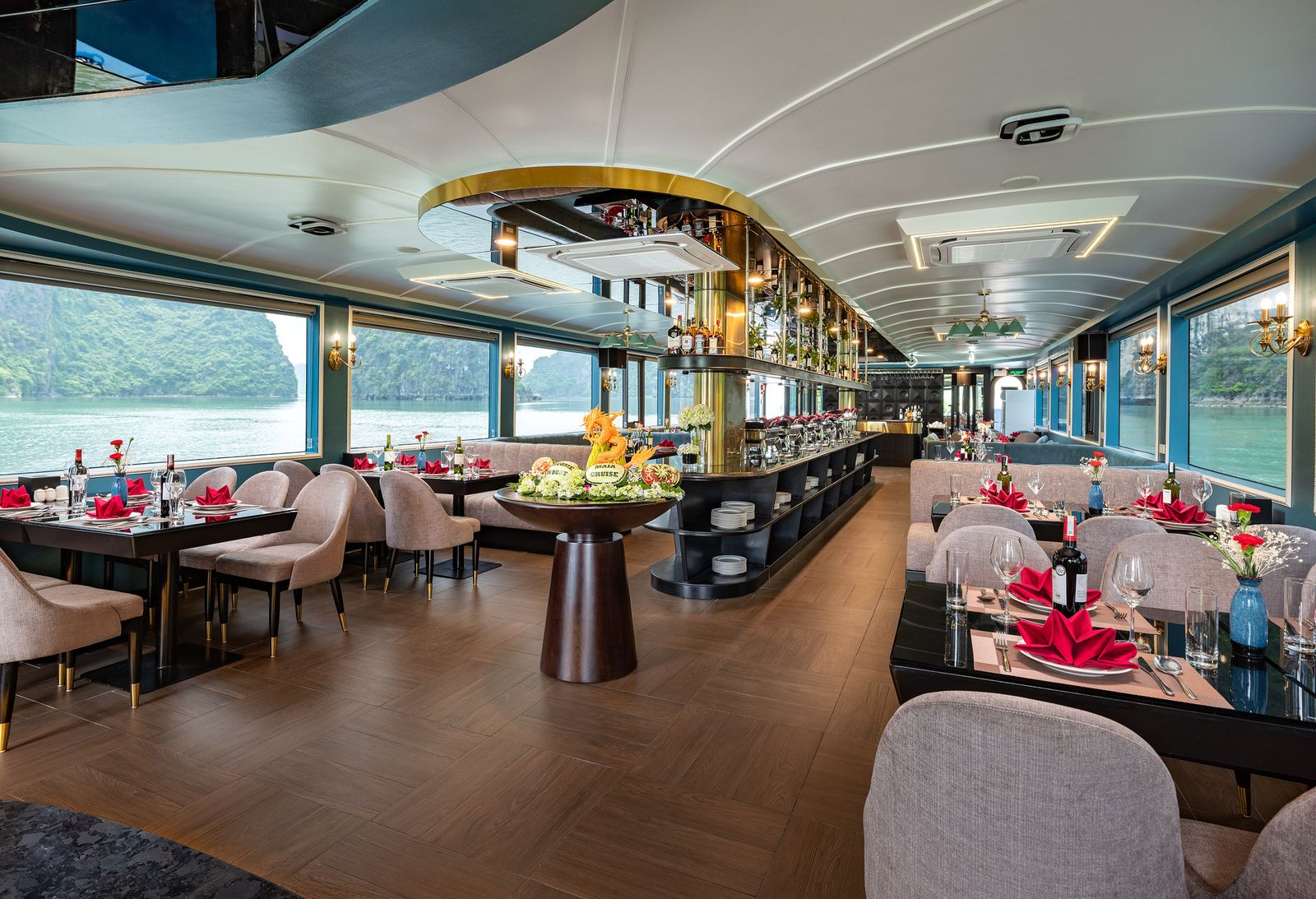 Onboard restaurant with bay views