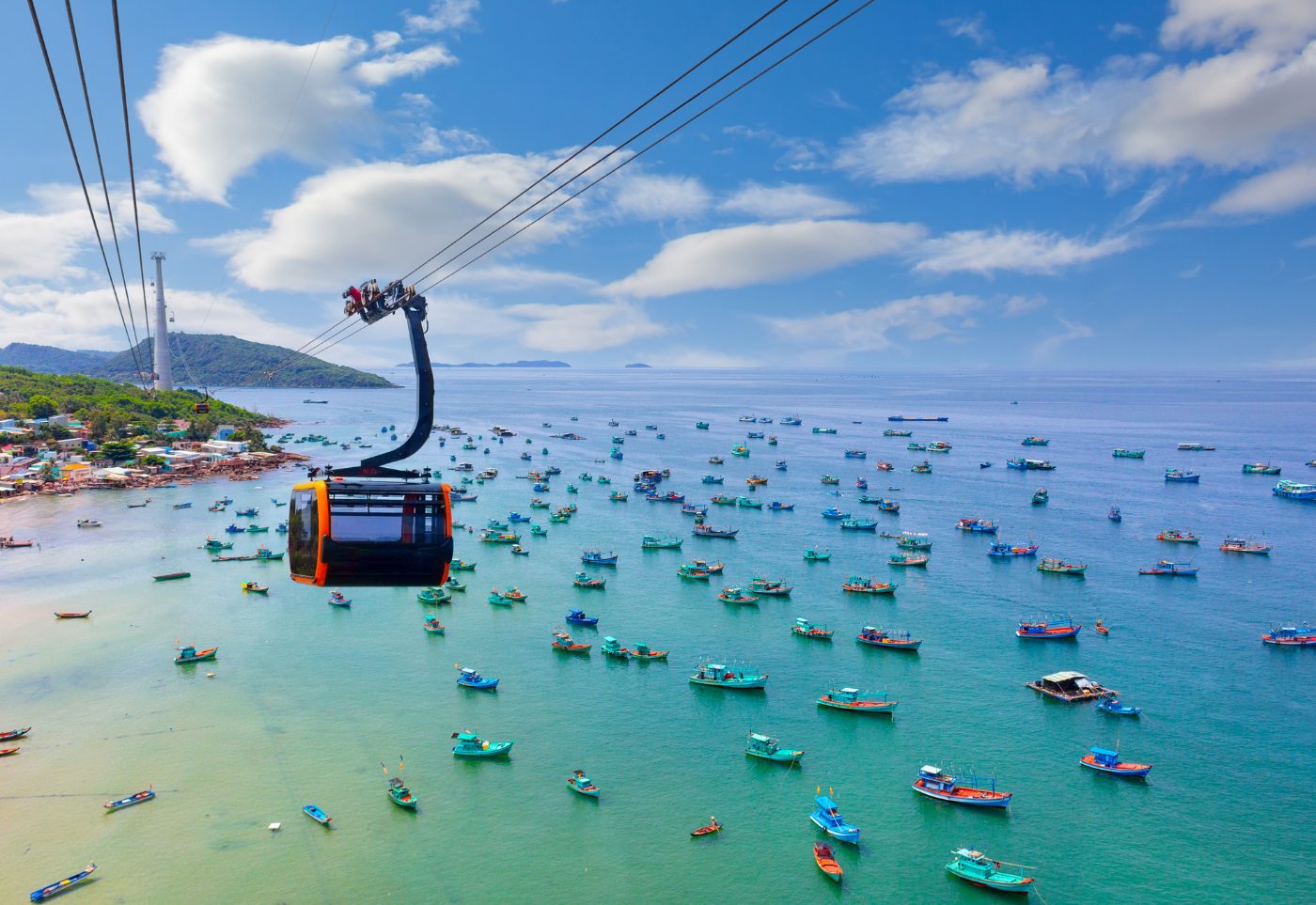 Cable car over fishing boats in Phu Quoc